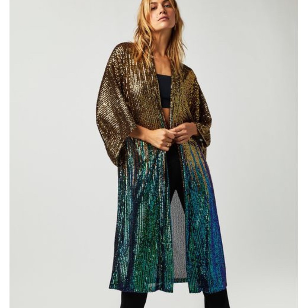 NWOT Free People Green Party On Sequin Kimono